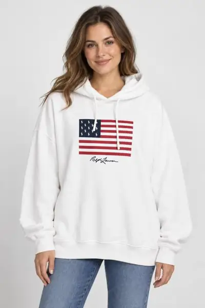 AI-generated model image created from the Ralph Lauren hoodie